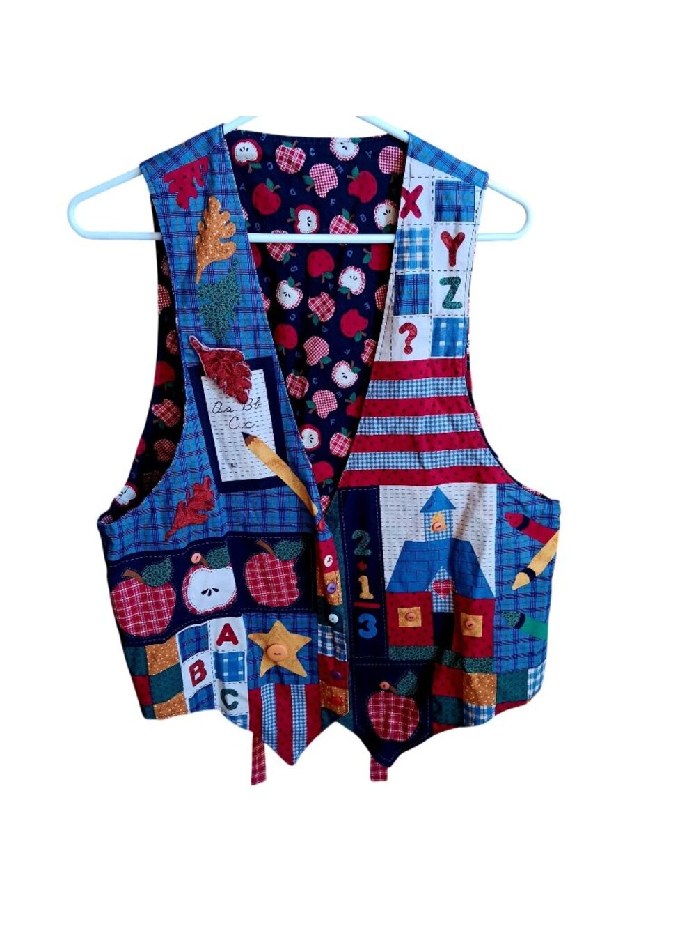 Medium Vintage Cottage Teacher-Themed Patchwork Vest Apple Back Ties Crafty